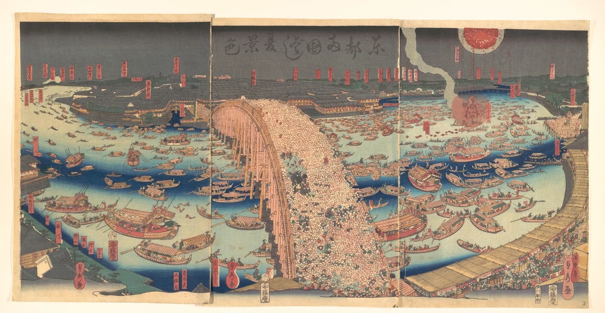 Panoramic View of Ryōgoku Bridge in the Summer by Utagawa Sadahide, print, 1807-1879