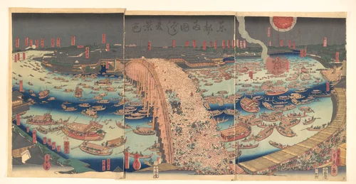 Panoramic View of Ryōgoku Bridge in the Summer by Utagawa Sadahide, print, 1807-1879