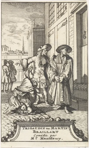 Lucie knielt voor La Riviere die als geestelijke is verkleed by Caspar Luyken, print, 1698