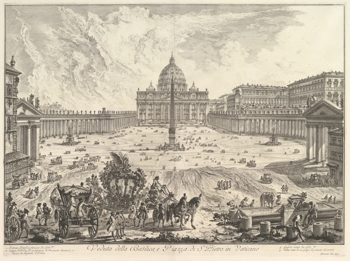 View of St. Peter's Basilica and Piazza in the Vatican, from "Vedute di Roma" (Roman Views) by Giovanni Battista Piranesi, print, 1743-1753