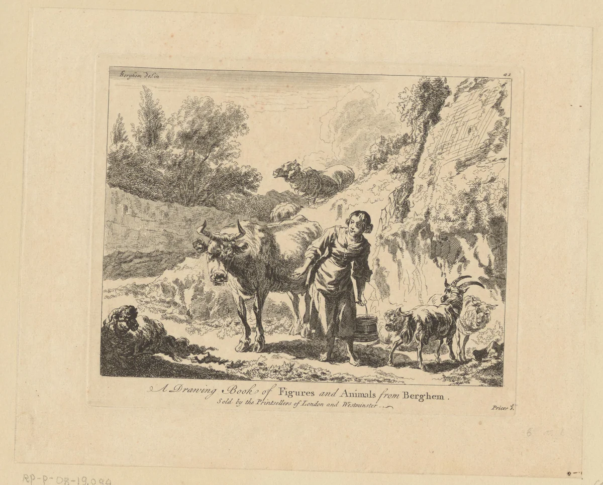 Jonge vrouw met emmer en vee by François Vivares, print, 1719-1780