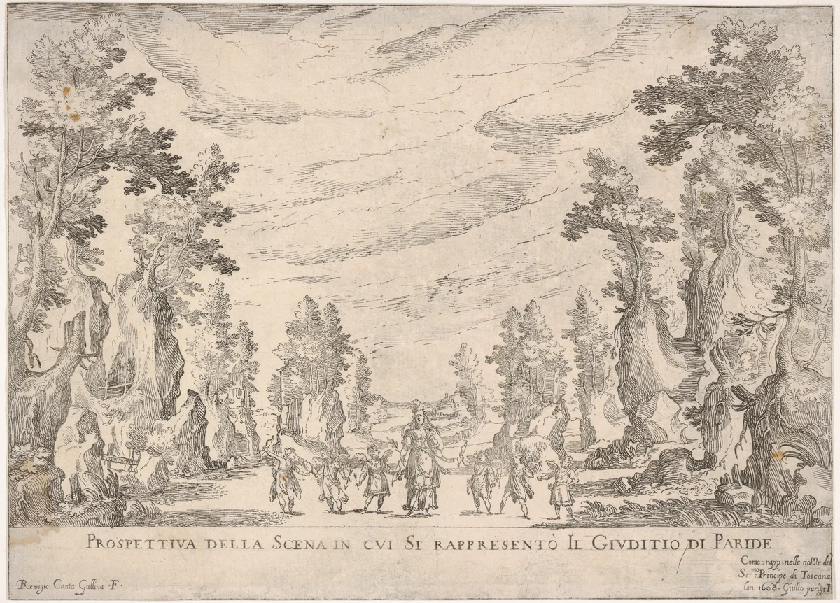 View of the scene in which is represented the Judgment of Paris (Prospettiva della scena in cui si rappresentò il Giuditio do Paride), from "Seven Interludes for the wedding celebration of Cosimo de' Medici in Florence, 1608" by Remigio Cantagallina, print, 1608