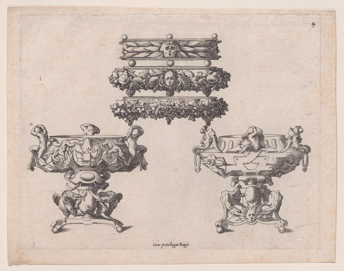 Two Braziers and Three Salvers by René Boyvin, print, 1525-1600
