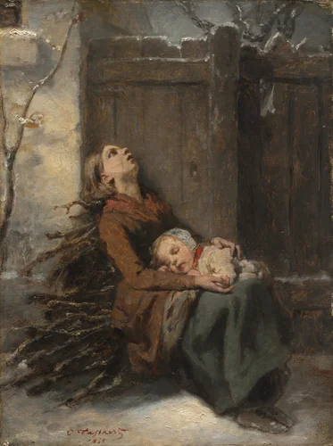 Destitute Dead Mother holding her sleeping Child in Winter by Octave Tassaert, painting, 1845-1855