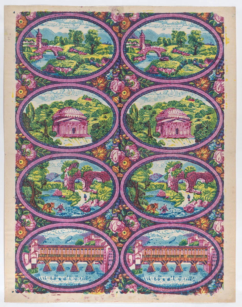 Sheet with two borders with Italian landscapes by anonymous, print, 1775-1875