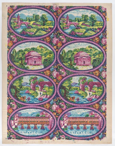 Sheet with two borders with Italian landscapes by anonymous, print, 1775-1875