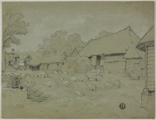 Farmyard with Haystack and Pigs by William Turner, drawing, 1800-1862