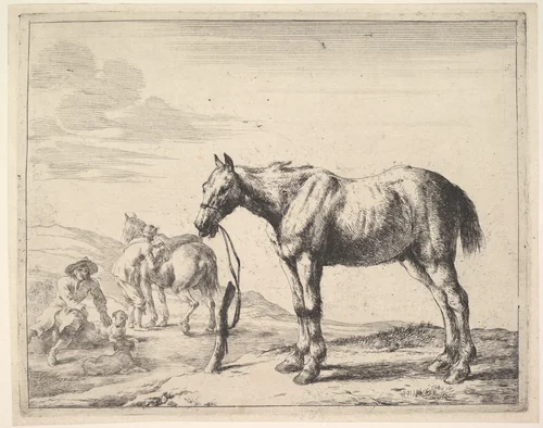 Horse Bound to a Post, turned left, from "The Horses" by Dirck Stoop, print, 1610-1686