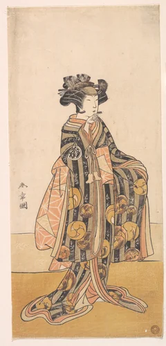 Yoshizawa Iroha as a Woman (Tomoe Gozen?) Standing on the Bank by Katsukawa Shunshô (勝川春章), print, 1774-1775