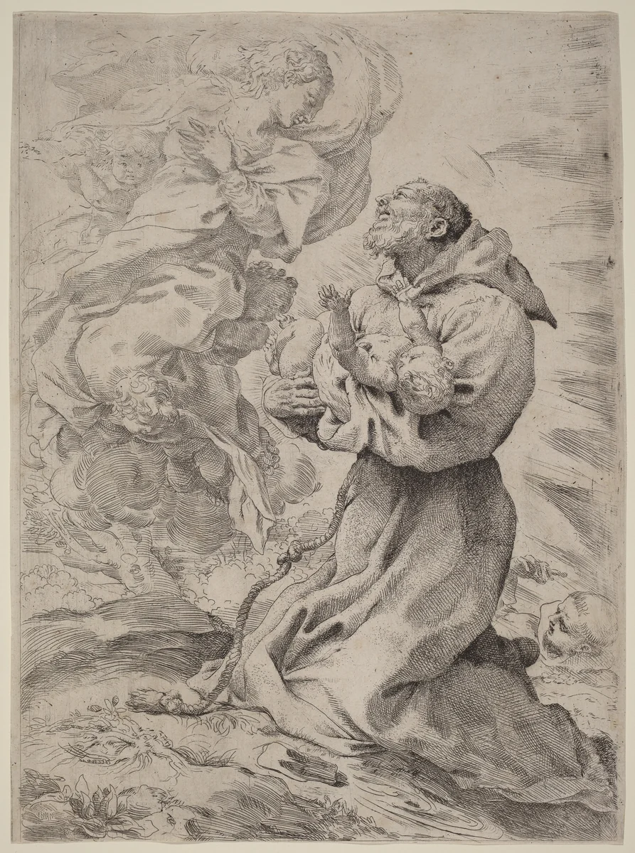 Saint Francis with the Christ Child by Pietro Faccini, print, 1562-1602