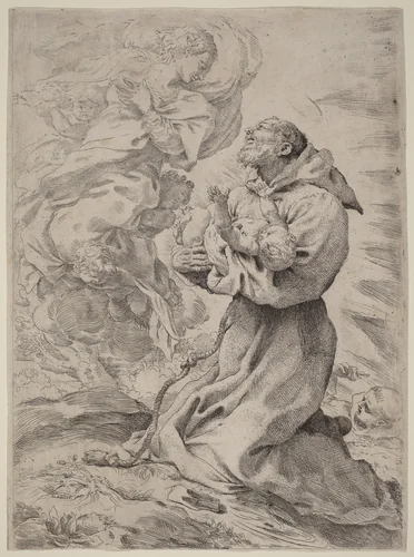 Saint Francis with the Christ Child by Pietro Faccini, print, 1562-1602