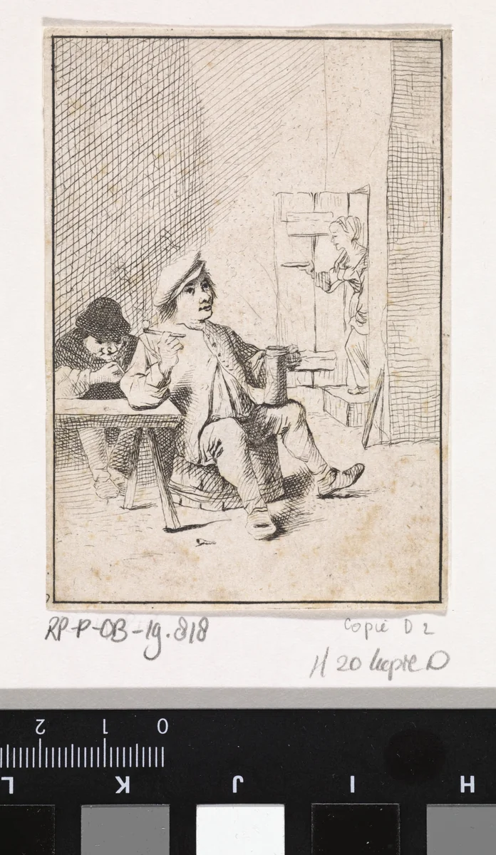 Zittende boer met kruik en pijp by anonymous, print, 1626-1740