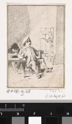 Zittende boer met kruik en pijp by anonymous, print, 1626-1740
