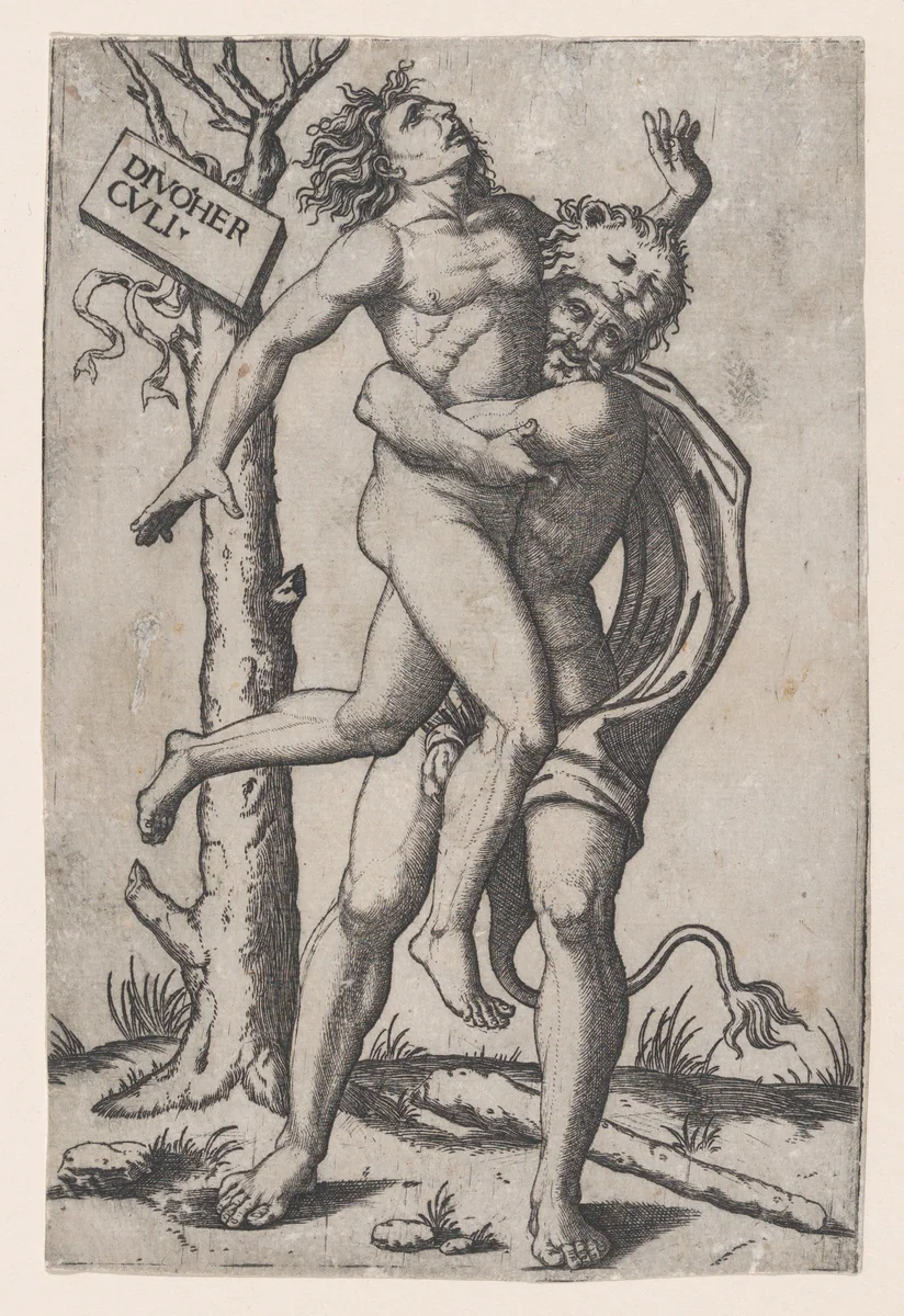 Hercules, grasping Antaeus at the waist with both arms and lifting him off his feet, in background at right the ruins of a temple, at left a group of trees against which are posed a club and the skin of a lion by Marcantonio Raimondi, print, 1495-1555