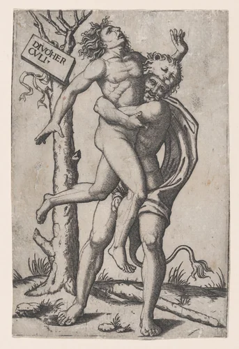 Hercules, grasping Antaeus at the waist with both arms and lifting him off his feet, in background at right the ruins of a temple, at left a group of trees against which are posed a club and the skin of a lion by Marcantonio Raimondi, print, 1495-1555