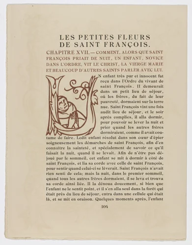 Pictorial initial (page 104) from Les Petites Fleurs de St. François (The Little Flowers of St. Francis) by Émile Bernard, illustrated book, 1928