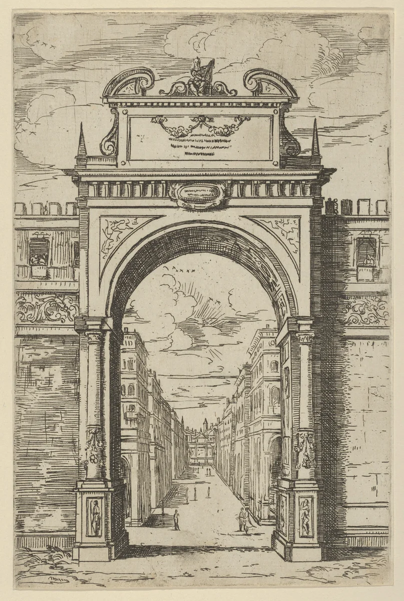 Triumphal arch surmounted by a statue of Moses, buildings seen through the arch below, a temporary decoration for the entry of Pope Clement VIII in Bologna in 1598 by Guido Reni, print, 1598