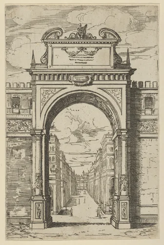 Triumphal arch surmounted by a statue of Moses, buildings seen through the arch below, a temporary decoration for the entry of Pope Clement VIII in Bologna in 1598 by Guido Reni, print, 1598