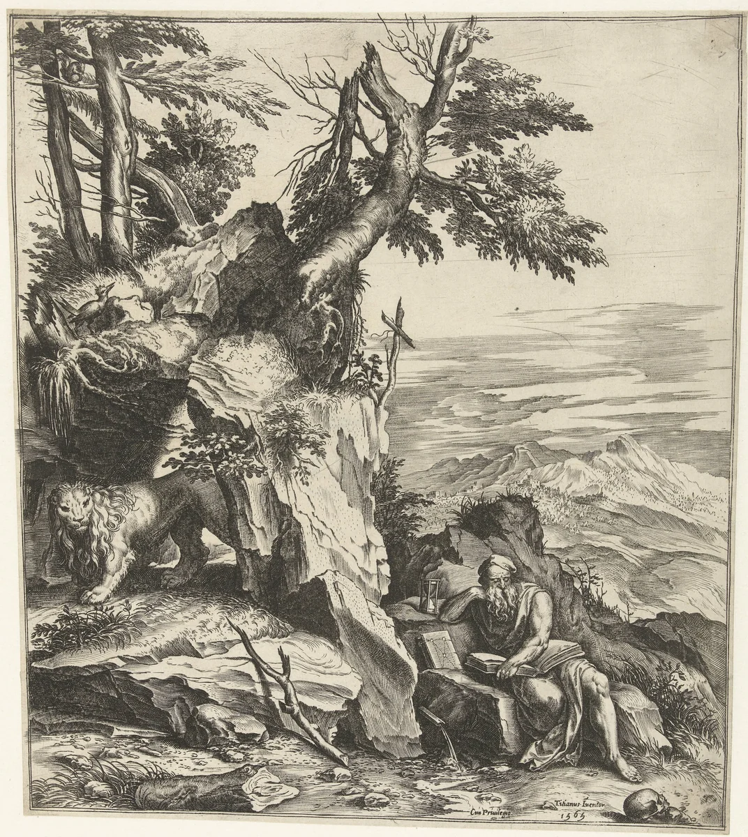 Landschap met lezende Hieronymus by Cornelis Cort, print, 1565
