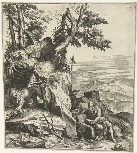 Landschap met lezende Hieronymus by Cornelis Cort, print, 1565