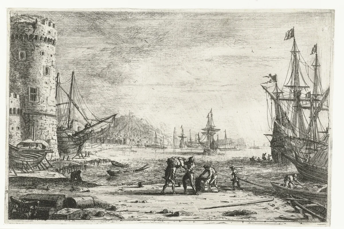 Havenpoort met een grote toren by Claude Lorrain, print, 1639-1643