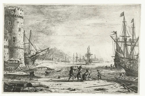 Havenpoort met een grote toren by Claude Lorrain, print, 1639-1643