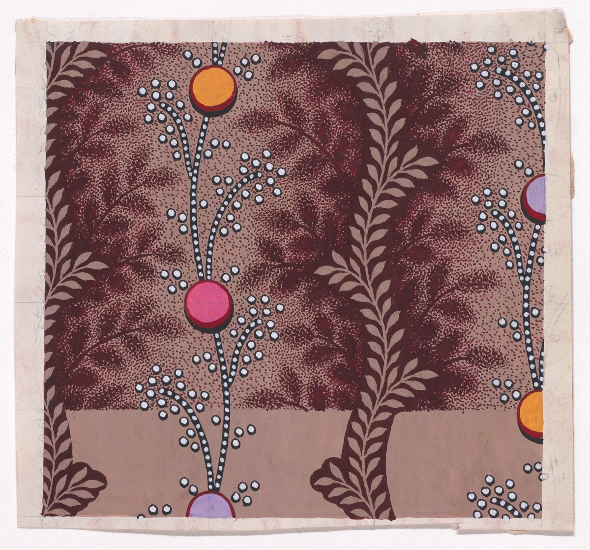 Textile Design with Vertical Scrolls of Pearls with Circles Separated by Vertical Undulating Garlands of Stylized Leaves by anonymous, drawing, 1840