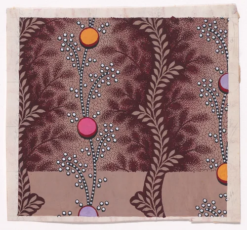 Textile Design with Vertical Scrolls of Pearls with Circles Separated by Vertical Undulating Garlands of Stylized Leaves by anonymous, drawing, 1840