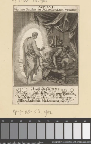 Apostel Paulus heeft een visioen van een Macedonische man by anonymous, print, 1697