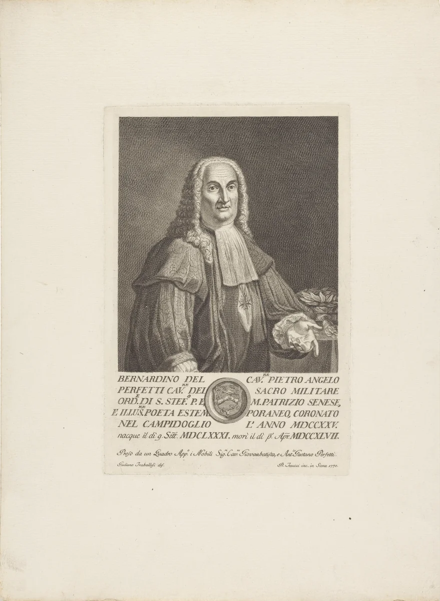 Portret van jurist en dichter Bernardino Perfetti by Raimondo Faucci, print, 1770