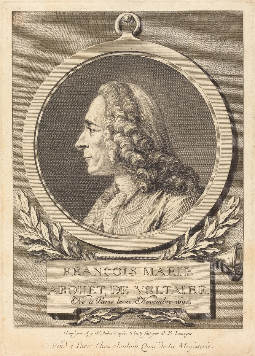 François Marie Arouet de Voltaire by Augustin de Saint-Aubin; Jean-Baptiste Lemoyne II, print, 1750-1778