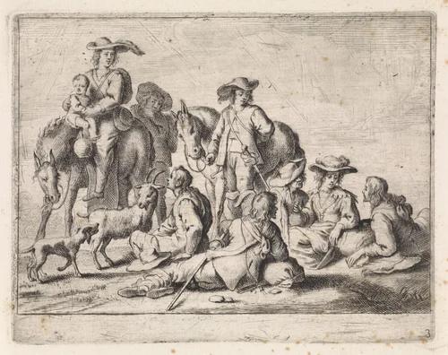Rustend jachtgezelschap by Cornelis de Wael, print, 1630-1648