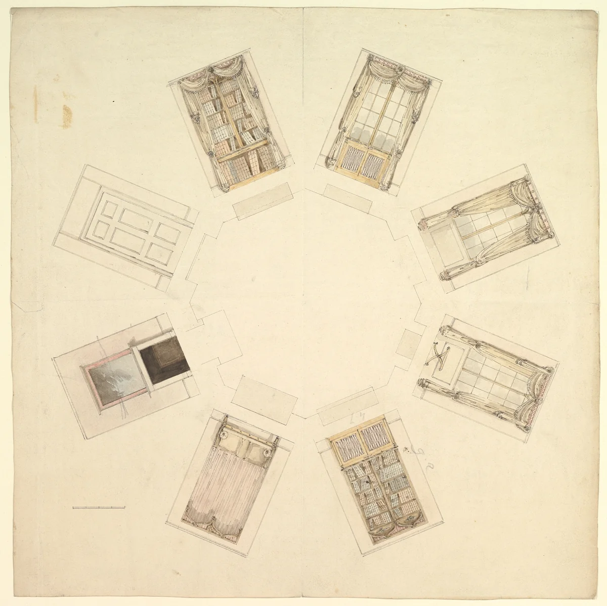 Octagonal Room with Sectional Views by anonymous, drawing, 1800-1899