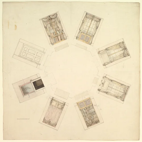 Octagonal Room with Sectional Views by anonymous, drawing, 1800-1899