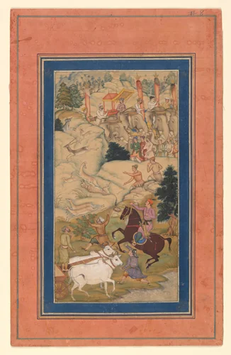 "Akbar Hunting with Cheetahs", Folio from a Manuscript of the Akbarnama. Folio from the Davis Album by Abu'l Fazl, manuscript, 1579-1629