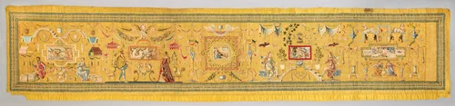 Embroidered panel with Grotesque decoration by Bernard Salomon, textile, 1560-1570