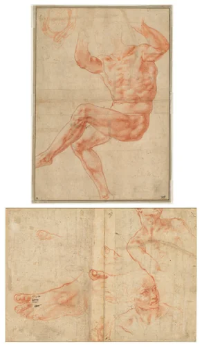 Study for the Nude Youth over the Prophet Daniel (recto); Figure Studies for the Sistine Ceiling (verso) by Michelangelo Buonarroti, drawing, 1510-1511