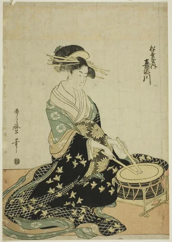 The Courtesan Kisegawa of the Matsubaya, from an untitled series of courtesans of the Matsubaya as five musicians by Kitagawa Utamaro (喜多川歌麿), print, 1792-1802