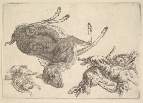 Dead deer, hares and game by Wenceslaus Hollar, print, 1647