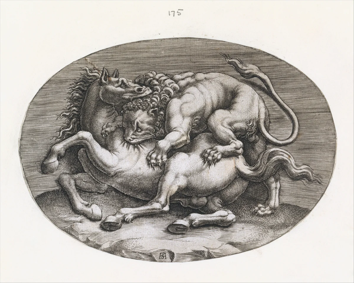 Lion Attacking a Horse, from "Speculum Romanae Magnificentiae" by Adamo Scultori, print, 1535-1585