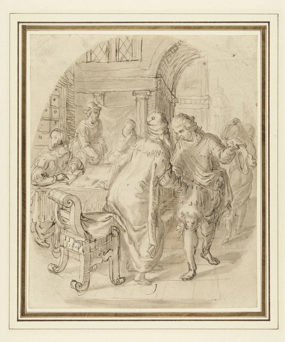 Verloren Zoon ontvangt zijn erfenis by Jan Jansz. Post, drawing, 1612