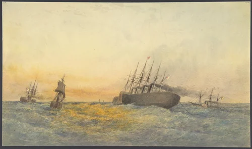 The Great Eastern Under Weigh, July 23rd, 1865: Escort and other Ships, H.M.S. Terrible, H.M.S. Sphinx, The Hawk and Revised: The Caroline by Robert Charles Dudley, drawing, 1865-1866