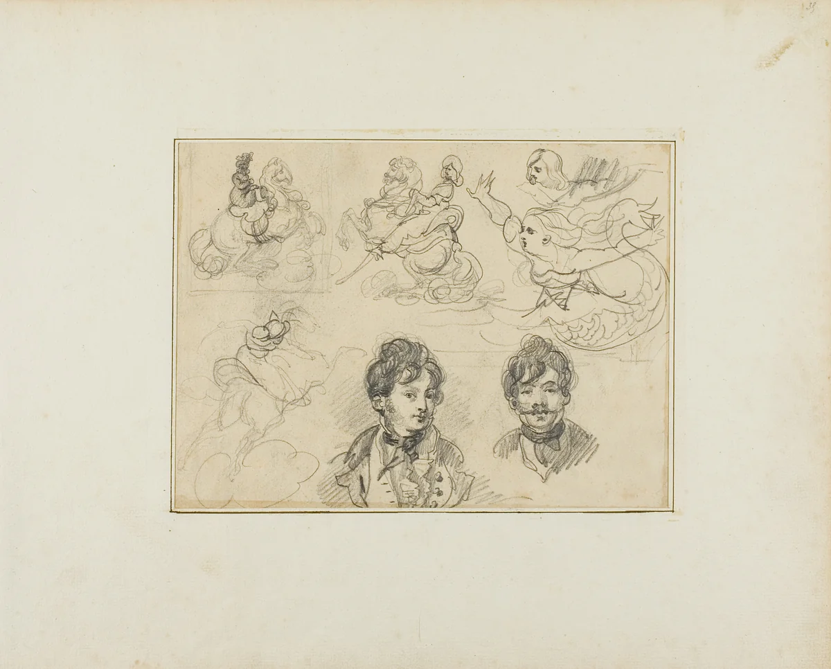 Sheet of Sketches: Riders, Mermaids and Two Portraits of Young Men by Jean Louis André Théodore Géricault, drawing, 1813-1814