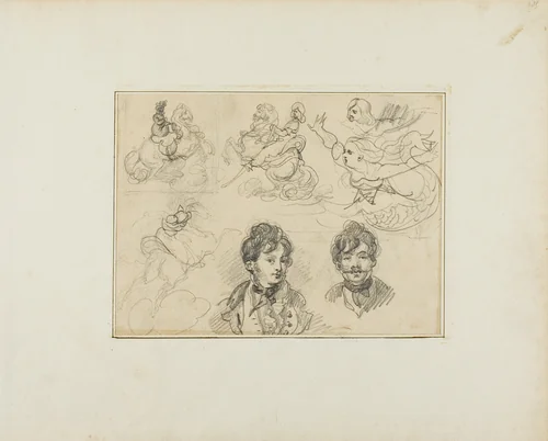 Sheet of Sketches: Riders, Mermaids and Two Portraits of Young Men by Jean Louis André Théodore Géricault, drawing, 1813-1814