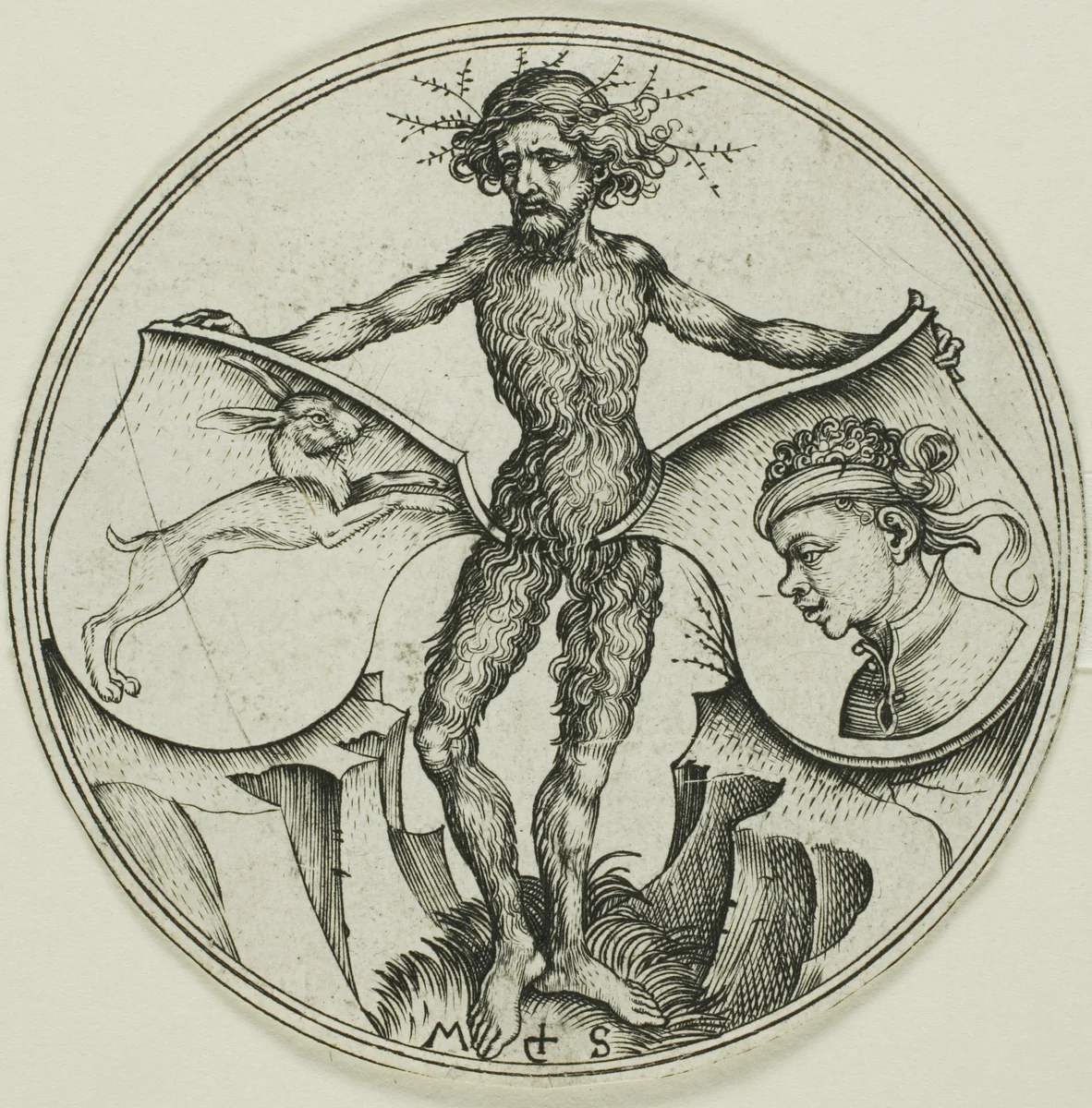 Two Shields with a Hare and a Moor's Head, Held by a Wild Man by Martin Schongauer, print, 1480-1490