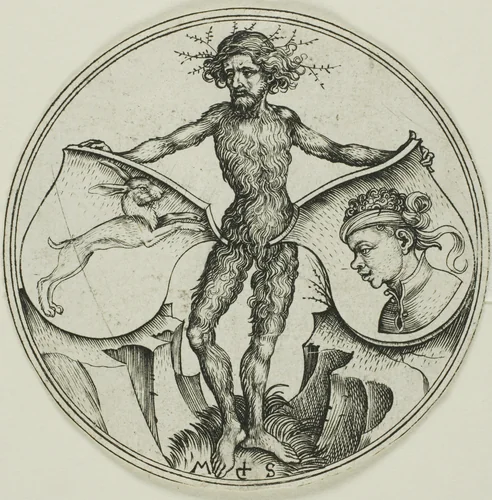 Two Shields with a Hare and a Moor's Head, Held by a Wild Man by Martin Schongauer, print, 1480-1490