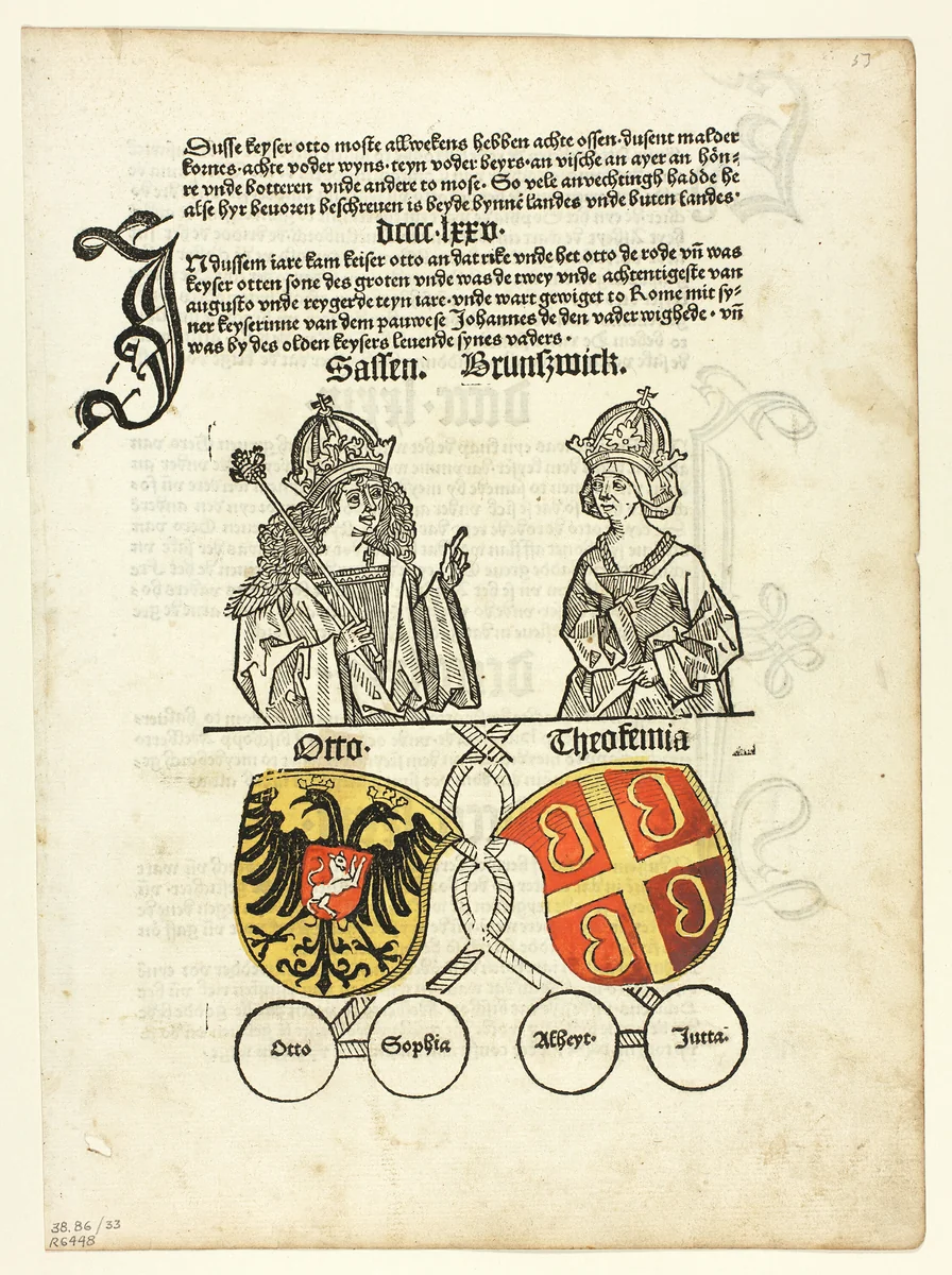 Duke Otto of Saxony and his Wife, Theokemia from Sachsen-Chronik (Saxon Chronicle), Plate 33 from Woodcuts from Books of the 15th Century by Unknown Artist, print, 1492