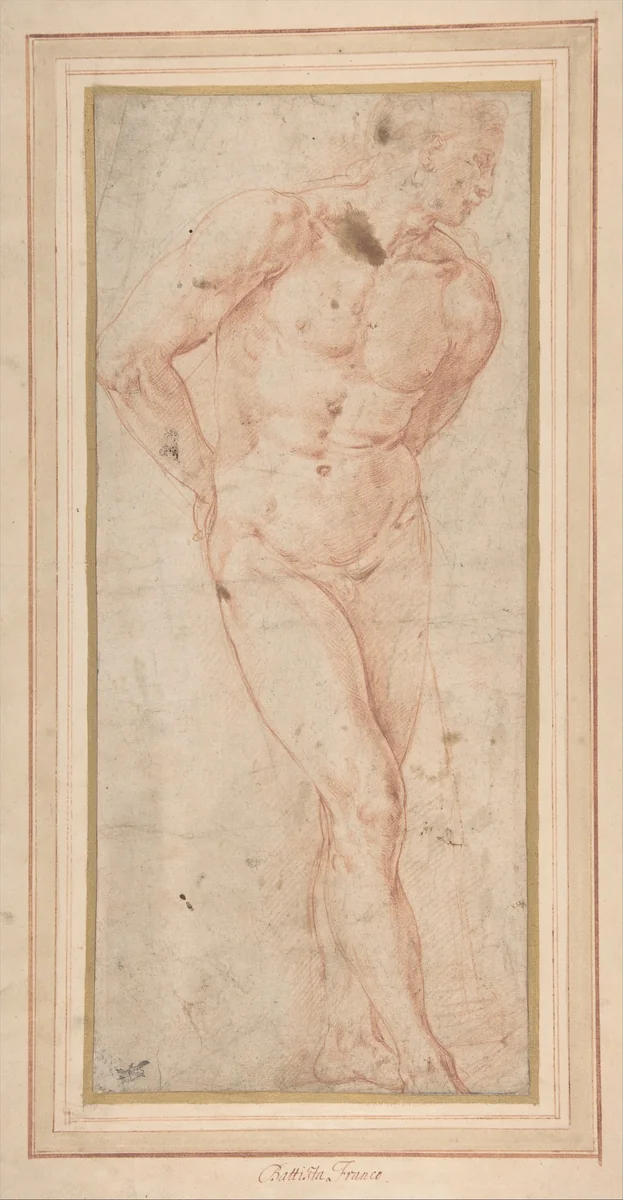 Standing Male Nude with Hands behind Back by Battista Franco, drawing, 1510-1561