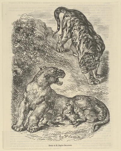 Tigress Attacked by a Tiger While Nursing her Young, from "Le Magasin Pittoresque" by Eugène Delacroix, print, 1853