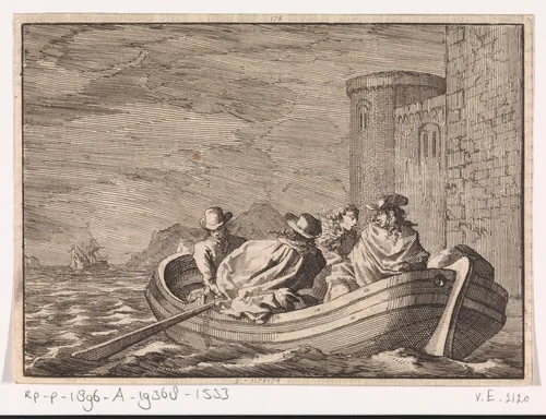 Koning Jacobus II ontvlucht bij nacht in een roeiboot, 1688 by Jan Luyken, print, 1698